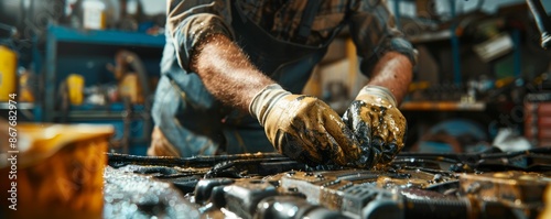 A mechanic repairing a car engine in a garage, covered in grease.