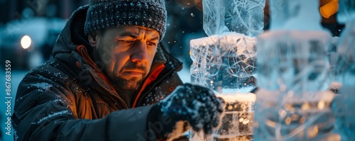 An artist sculpting intricate ice sculptures at a winter festival, chiseling away at blocks of ice with precision. photo