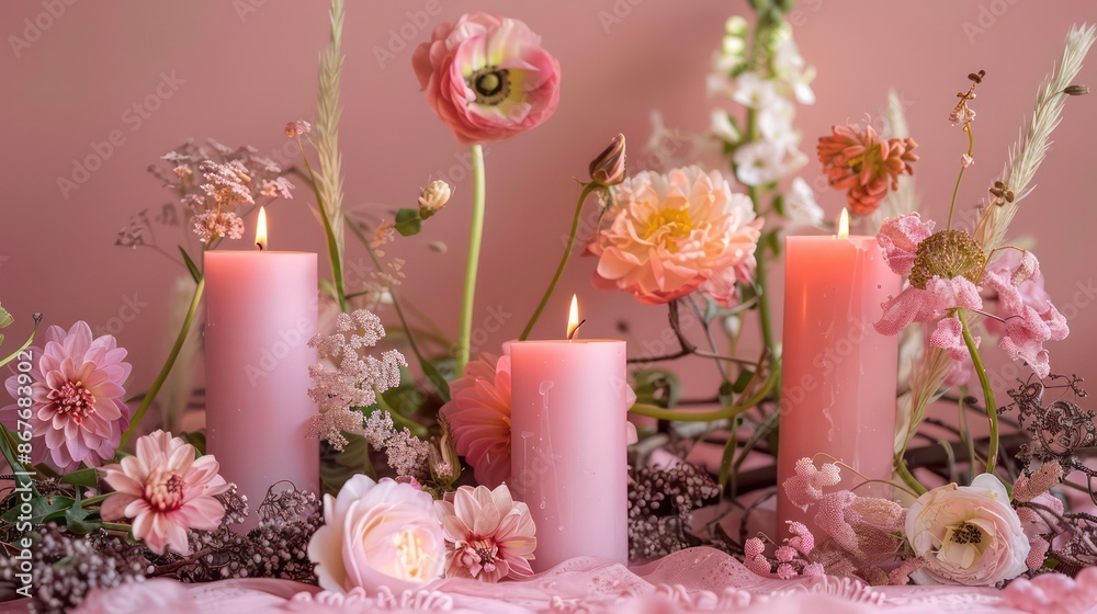 Pink candles with pink flowers background. Generative AI Pink candles with pink flowers background. Generative AI