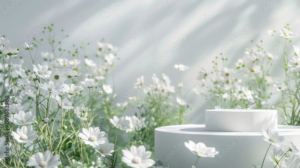 Podium flower product white 3d spring table beauty stand display nature white. Garden floral background cosmetic field scene gift day. Generative AI Podium flower product white 3d spring table beauty stand display nature white. Garden floral background cosmetic field scene gift day. Generative AI