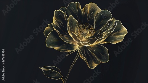 A corn poppy is depicted by golden lines against a black background photo