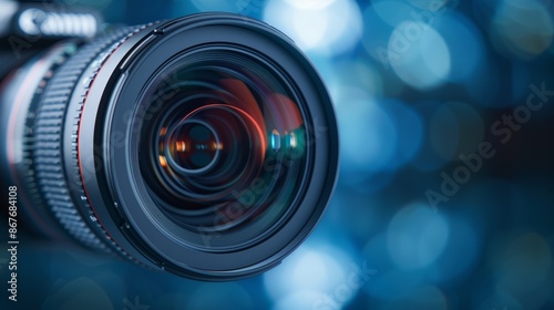 Close-up of a video camera lens, intricate details and reflections, capturing technology concept