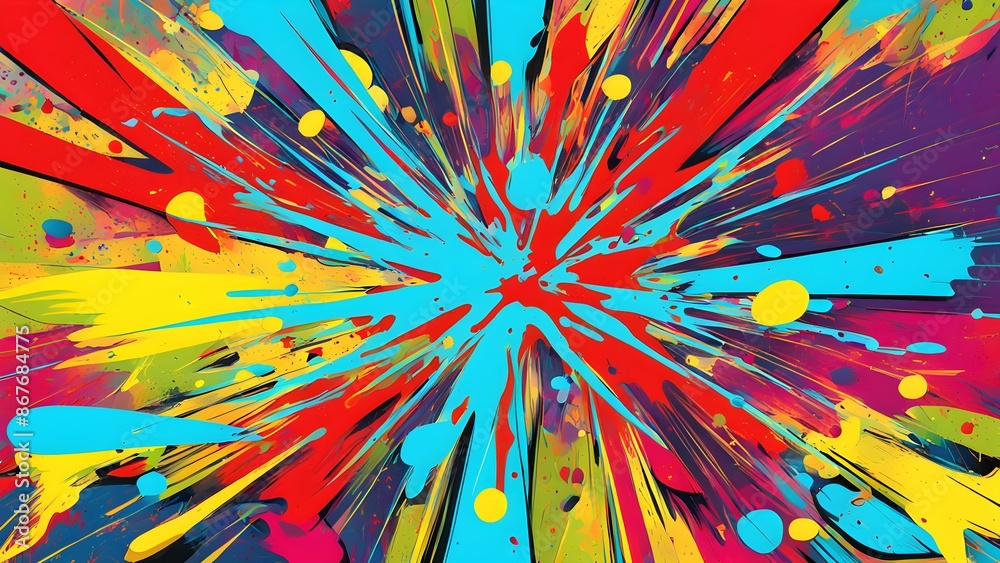 A colorful comic book illustration with a large explosion in the middle A colorful comic book illustration with a large explosion in the middle