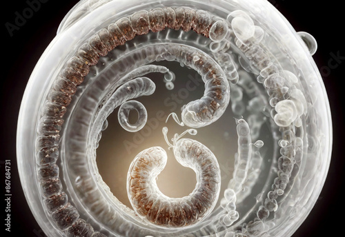 White parasites under a microscope. Roundworms in the human body. Oscarids in the stomach. Helminth. Ascaris. photo