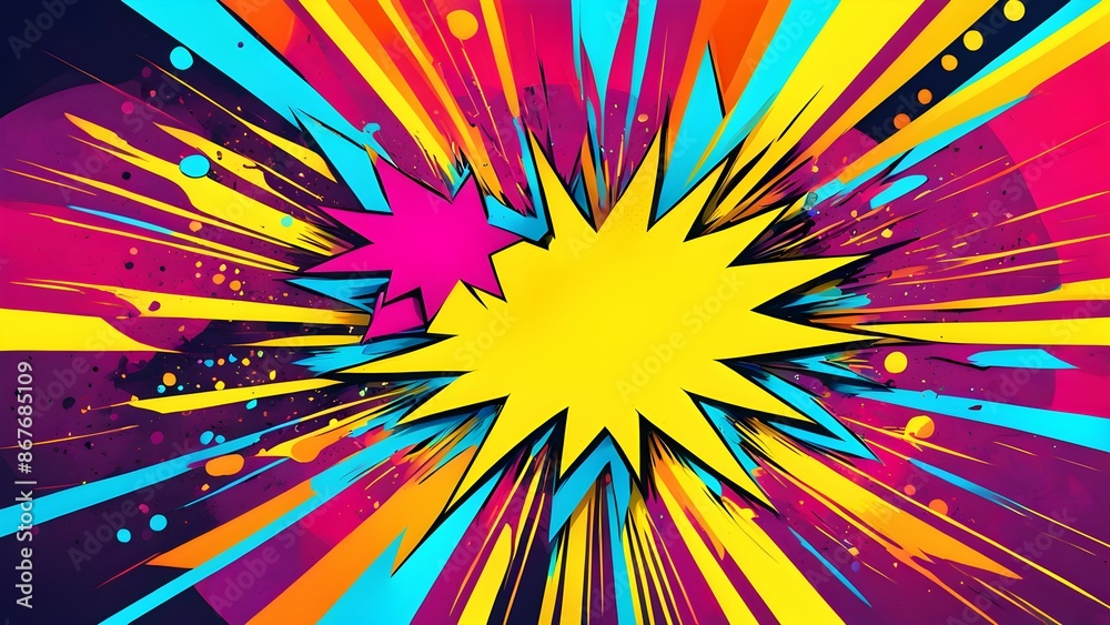 A colorful comic book illustration with a large explosion in the middle A colorful comic book illustration with a large explosion in the middle