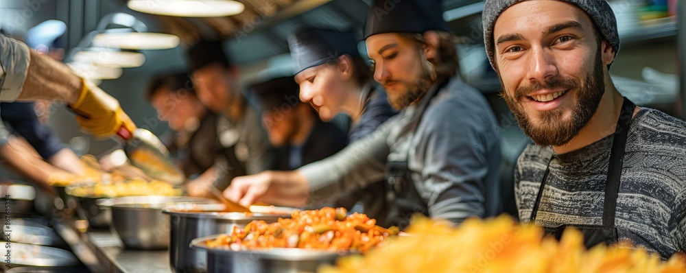 A group of coworkers volunteering at a local soup kitchen, serving hearty meals to those in need with compassion and empathy.