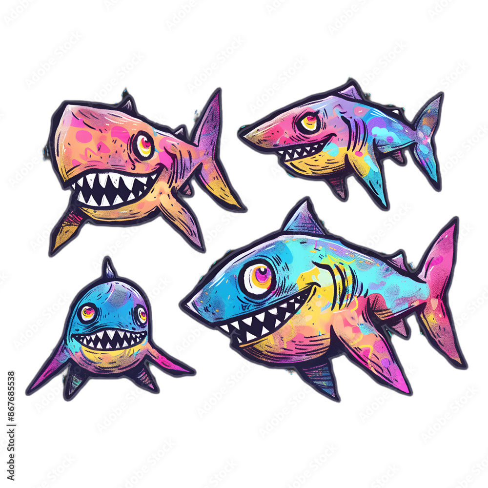 Fototapeta premium set of sharks Sticker colorful fish 