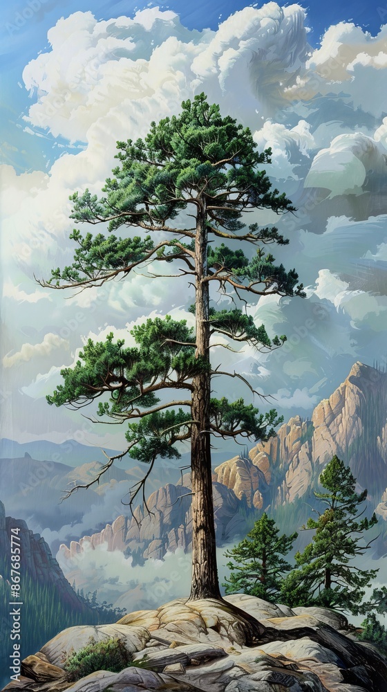 Obraz premium Tall pine tree on rocky cliff with mountains and clouds, nature panorama. Wilderness and adventure concept