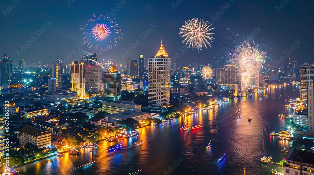 Fototapeta premium Thailand dazzles with fireworks to ring in New Year and Christmas. Generative AI