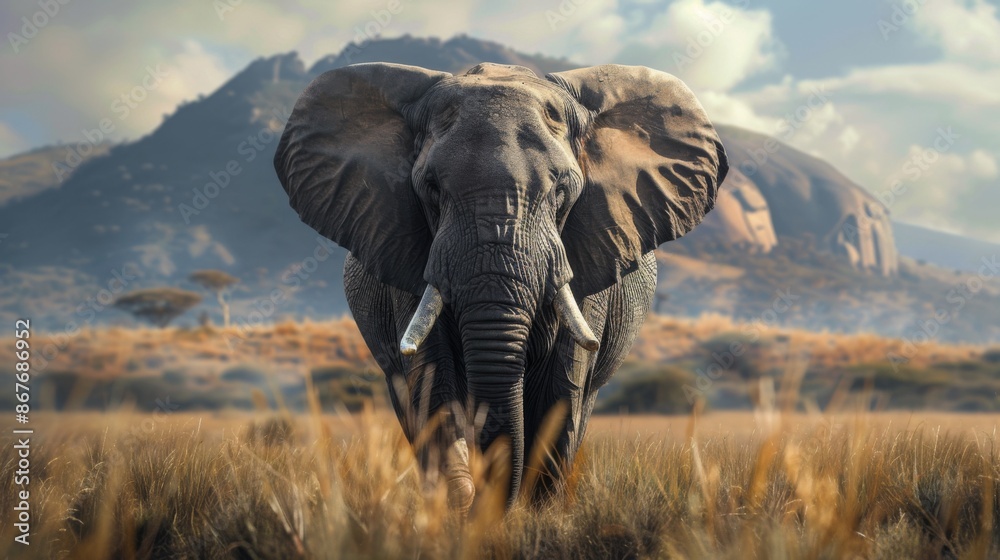 Obraz premium An impressive elephant standing in the savanna, with a stunning mountain backdrop, encapsulating the majestic and powerful essence of the natural wildlife setting.
