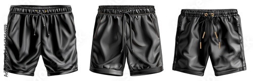 Black Athletic Shorts, Three pairs of black athletic shorts with drawstrings, Sportswear collection on a transparent background. photo