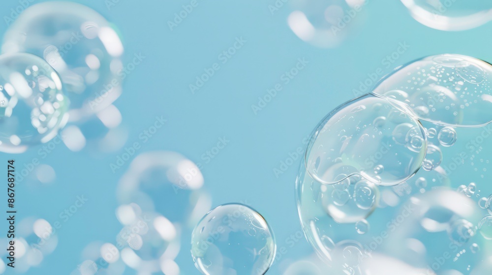 The image features air bubbles floating in a light blue background with ample space. Generative AI The image features air bubbles floating in a light blue background with ample space. Generative AI