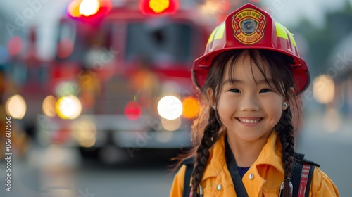 A smiling young girl dressed in a firefighter's helmet and yellow uniform stands proudly in front of a fire truck, encapsulating enthusiasm and dreams of heroism.