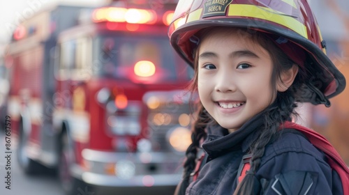 A young girl smiles warmly while wearing a firefighter helmet, standing near a fire truck, evoking a sense of hope, courage, and the inspiring dreams of youth.