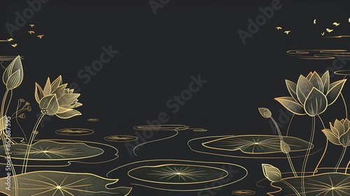 A lotus pond is depicted by golden lines against a black background photo