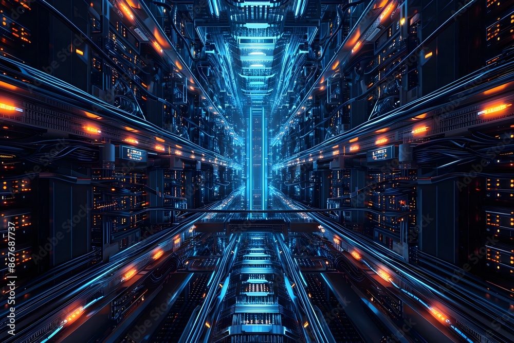 High-Tech Server Room with Neon Lighting High-Tech Server Room with Neon Lighting