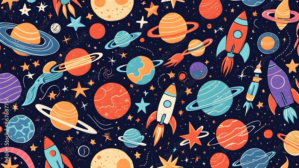 A colorful space scene with planets and stars A colorful space scene with planets and stars