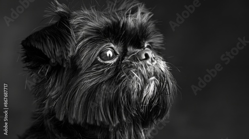 The black and white profile photo of a small dog emphasizes its expressive eyes and detailed fur, capturing a moment of calm and introspection. The classic style enhances emotional depth.