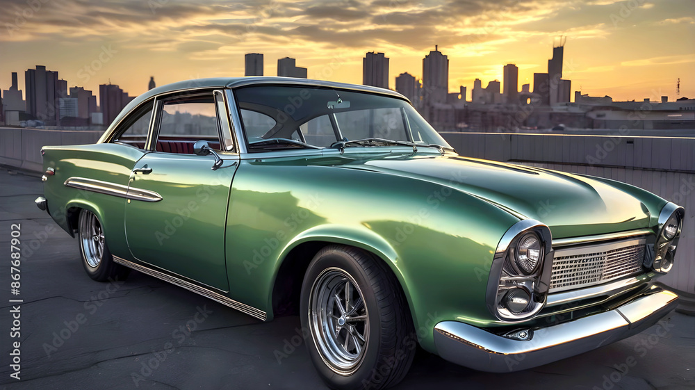 beautiful old timer vintage classic green car at sunset, transport and vehicles, automotive background, auto wallpaper