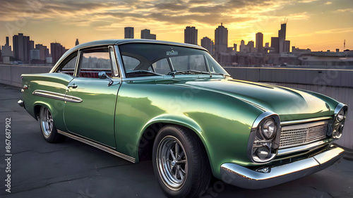 Obraz na płótnie beautiful old timer vintage classic green car at sunset, transport and vehicles, automotive background, auto wallpaper w salonie