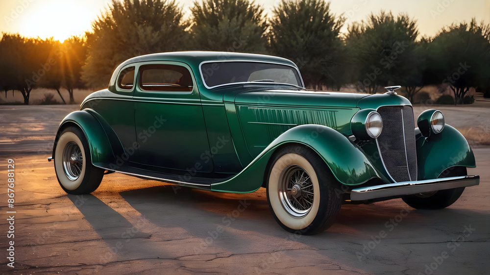 beautiful old timer vintage classic green car at sunset, transport and vehicles, automotive background, auto wallpaper