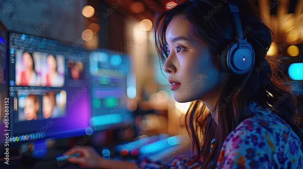 A woman is sitting in front of a computer with a headset on A woman is sitting in front of a computer with a headset on