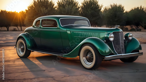 Obraz na płótnie beautiful old timer vintage classic green car at sunset, transport and vehicles, automotive background, auto wallpaper w salonie
