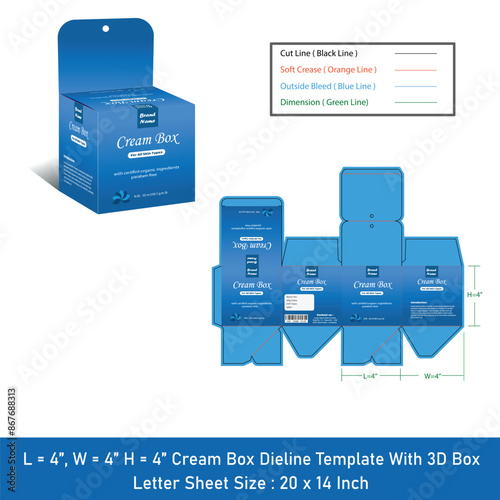 Creambox Packaging dieline template Size 4x4x4 inch,Vector design