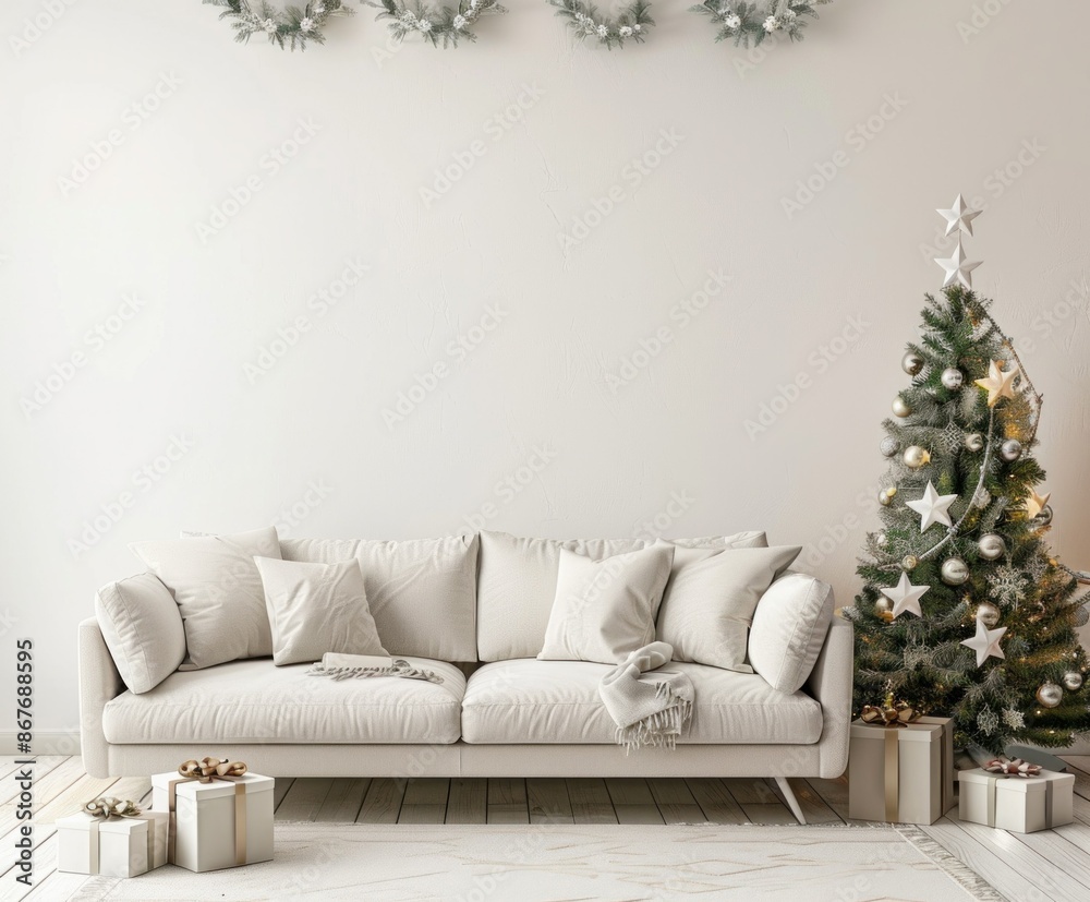 Festive white christmas living room decor with tree, gifts, and ornaments for holiday season celebration and decoration event Festive white christmas living room decor with tree, gifts, and ornaments for holiday season celebration and decoration event
