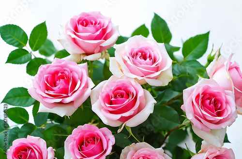  Set of beautiful pink roses with lush green leaves, cut out 