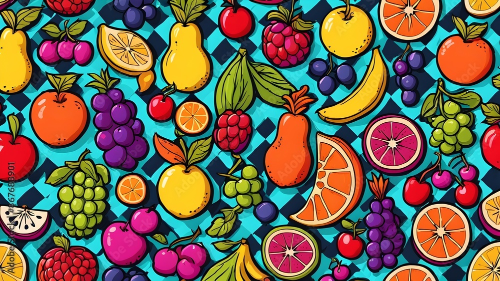 A colorful fruit pattern with bananas, cherries, and oranges A colorful fruit pattern with bananas, cherries, and oranges
