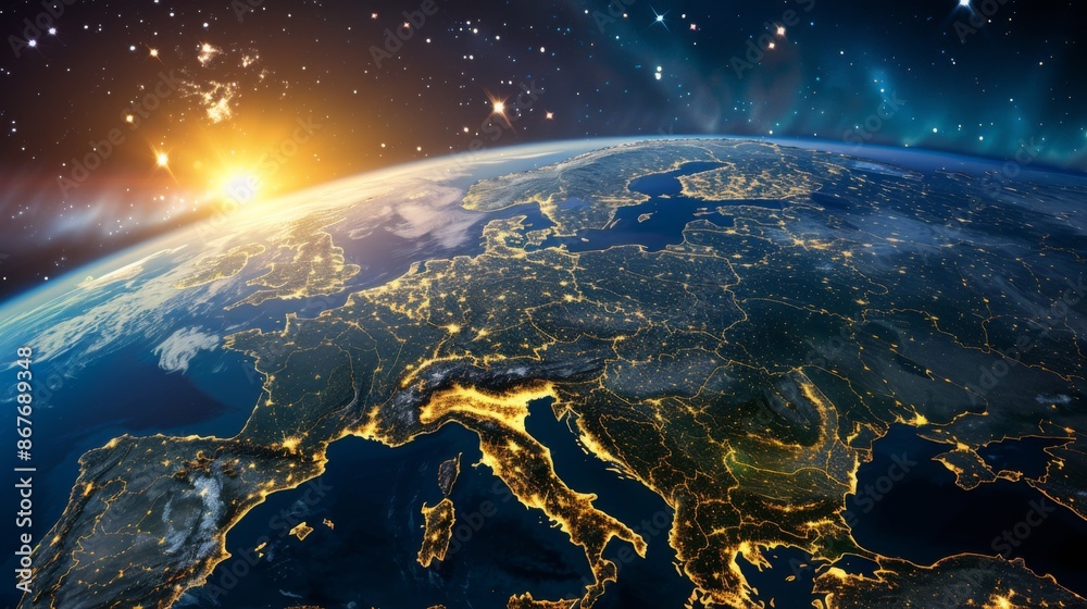 A breathtaking satellite image of Earth with a brilliant sunrise illuminating Europe, highlighting the continent's natural and man-made landscapes under a starry sky.