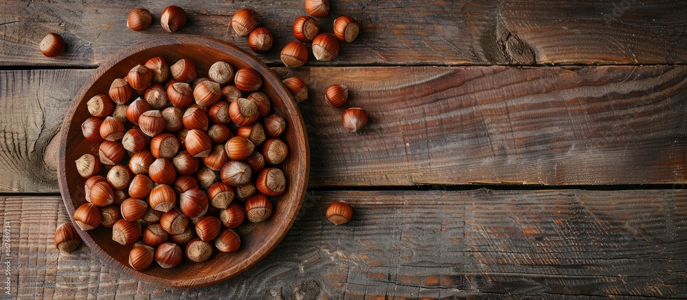 Unshelled hazelnuts arranged on a wooden plate with copy space, viewed from above. Unshelled hazelnuts arranged on a wooden plate with copy space, viewed from above.