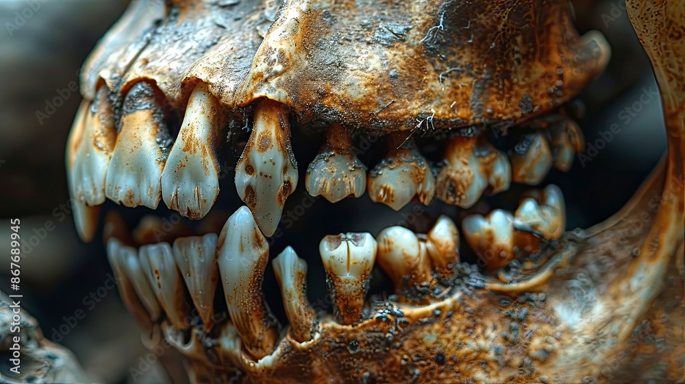 Intimate shot of an animal skull's teeth, highlighting the fine details and bone structure, with ample copy space Intimate shot of an animal skull's teeth, highlighting the fine details and bone structure, with ample copy space