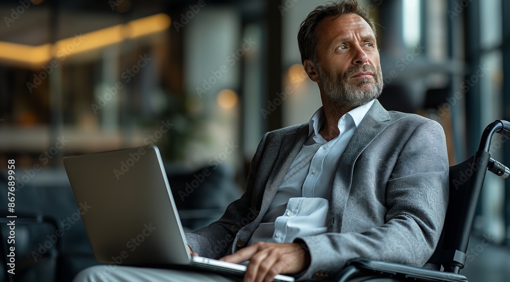 Attractive, well-groomed middle-aged man in business attire sitting in his wheelchair and working with a laptop at the office building interior. Attractive, well-groomed middle-aged man in business attire sitting in his wheelchair and working with a laptop at the office building interior.