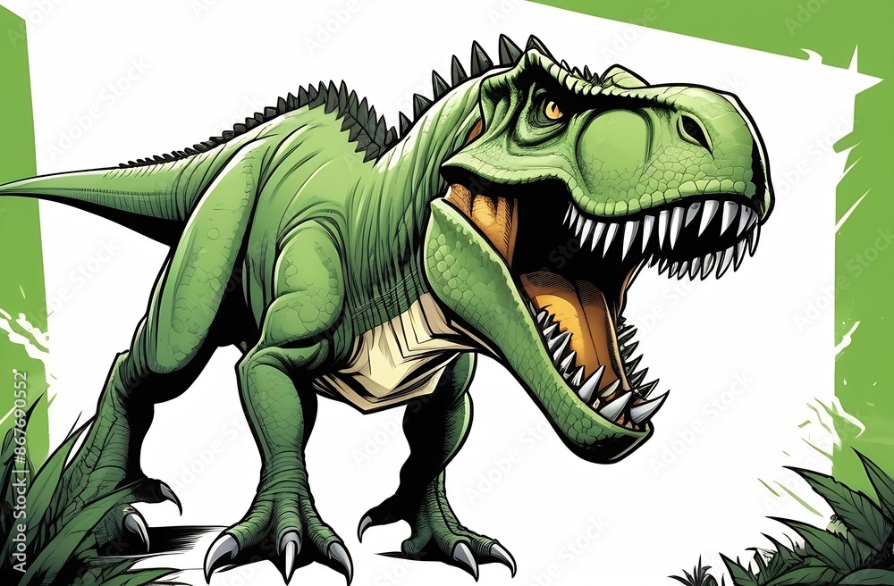 Fototapeta premium An image of a tyrannosaurus dinosaur with an open mouth on a white sheet of green background, logo, decorative element or print for wallpaper design, packaging, clothing
