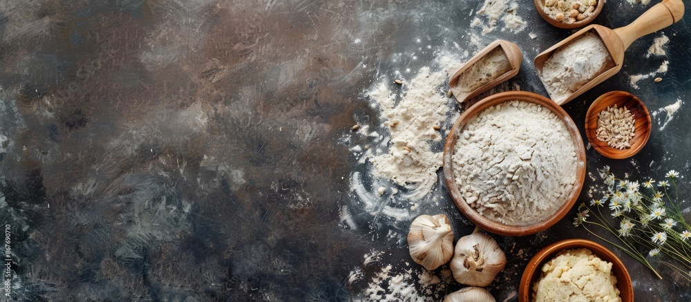 Dark background baking class or recipe idea with flour and space for text. Top view of baking preparation on wooden surface. Making dough or pastry. Dark background baking class or recipe idea with flour and space for text. Top view of baking preparation on wooden surface. Making dough or pastry.