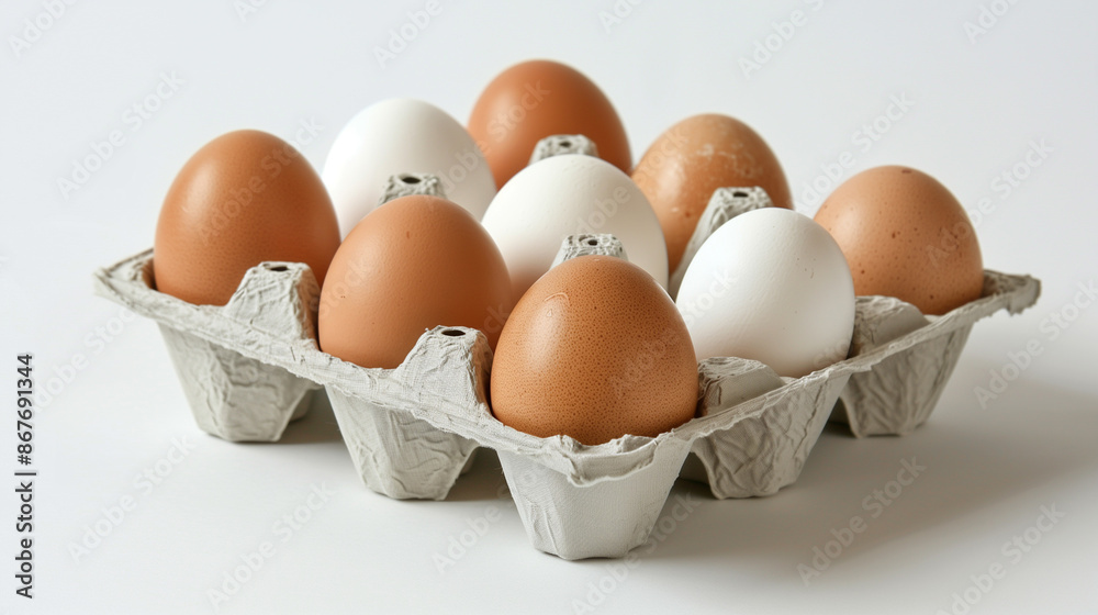 A carton of eggs with a white egg in the middle A carton of eggs with a white egg in the middle