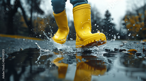 Child happily jumps in a puddle on a rainy day, wearing yellow rubber boots, splashing water with joy outdoors