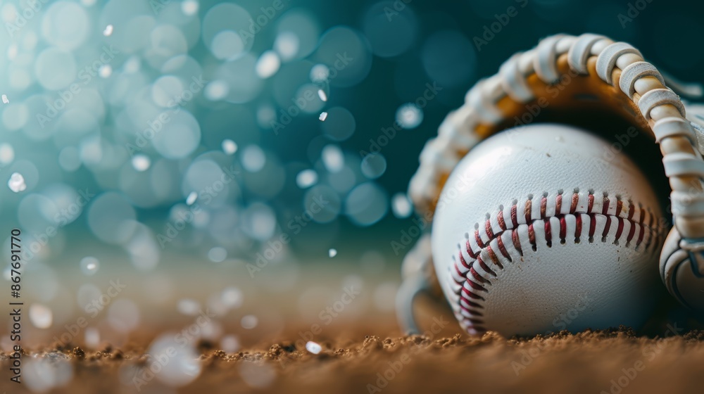 Close-up of pitcher's mound with baseball glove and ball, game preparation, sports equipment, detailed sports essentials Close-up of pitcher's mound with baseball glove and ball, game preparation, sports equipment, detailed sports essentials