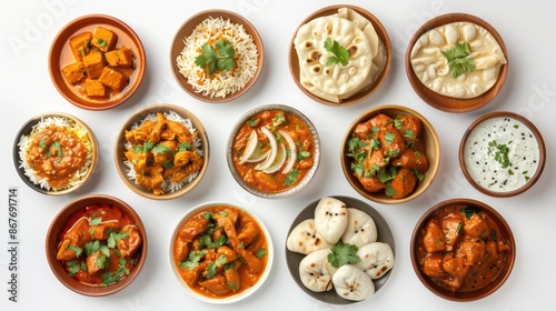 Top view collection of Indian foods isolated on a white background, including momos, butter chicken curry and rice, samosas, and pani puri © florynstudio3