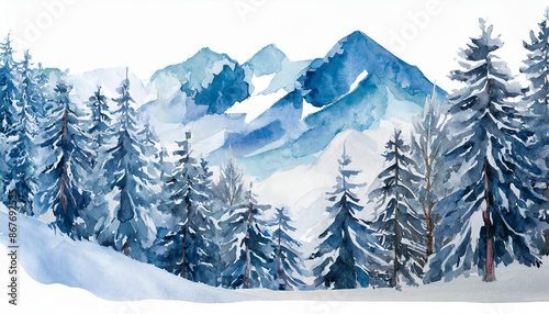 Watercolour illustration of winter forest landscape view, wild nature with mountains and trees photo