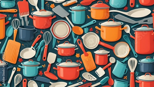 A colorful drawing of various kitchen utensils and pots, including a frying pan