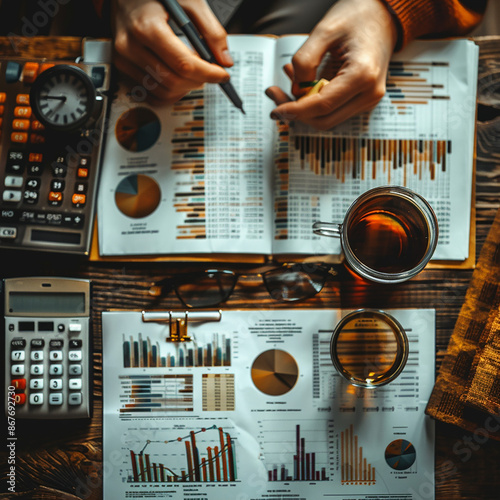 accountant working on desk using calculator, generative ai