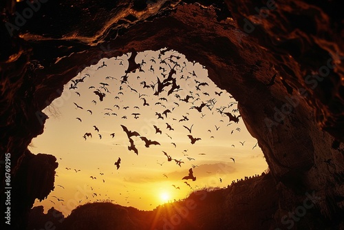 Twilight Flight of Bats from the Cave at Sunset
