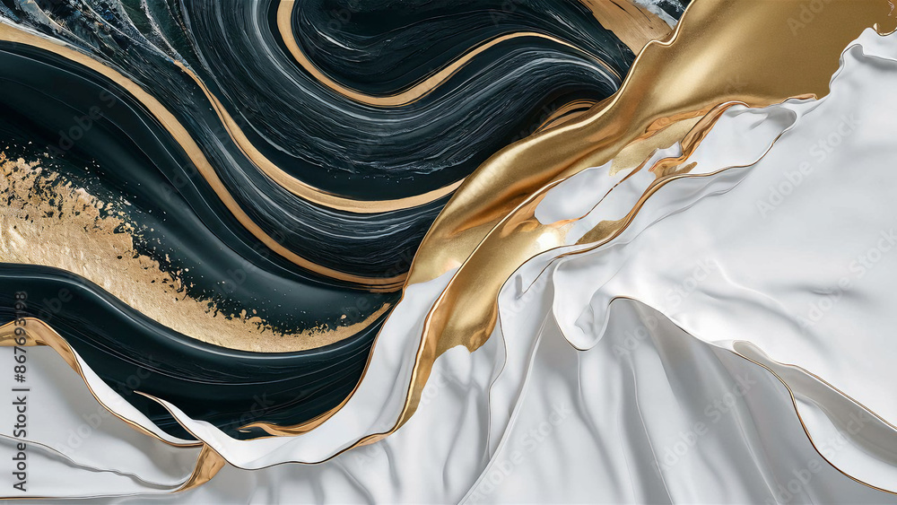 Abstract painting of a black and white swirl with gold. can be used as a trendy background for wallpapers, posters, cards, invitations, websites.