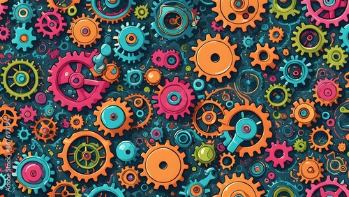 A colorful image of many gears and wheels, with a blue background