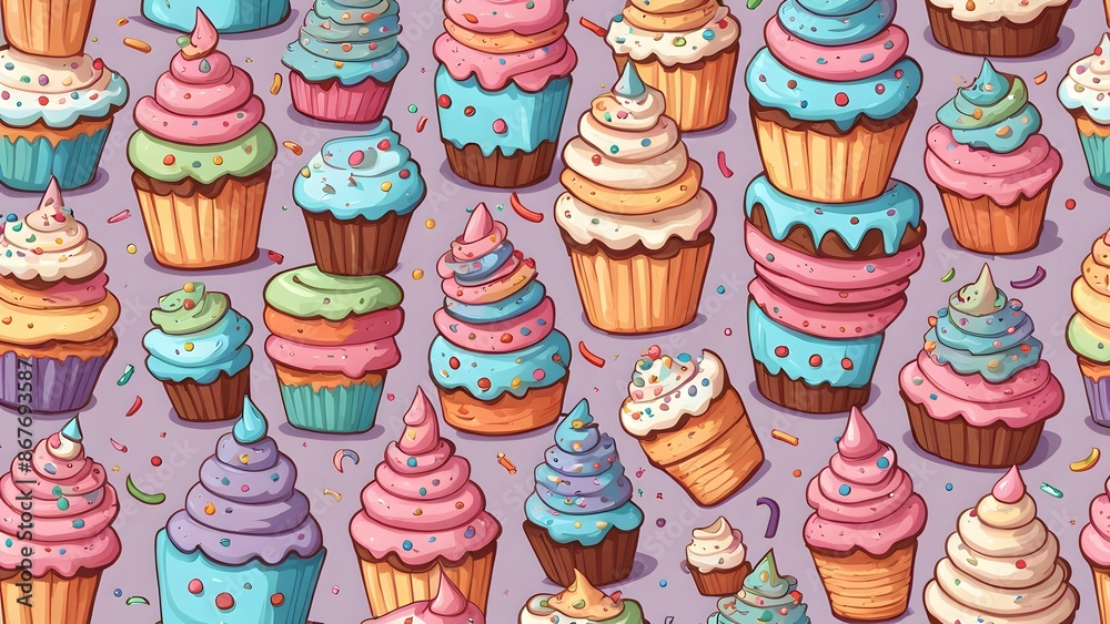 A colorful image of cupcakes with frosting and cherries A colorful image of cupcakes with frosting and cherries