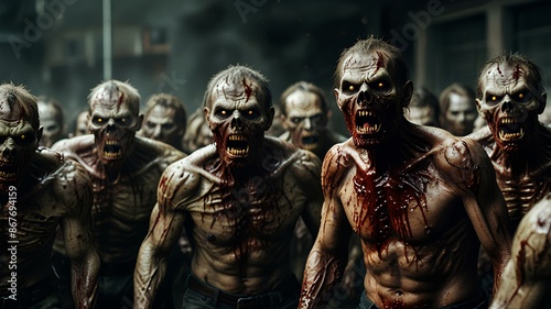 horde of zombies. group of fierce looking flesh eaters. angry zombie attack.