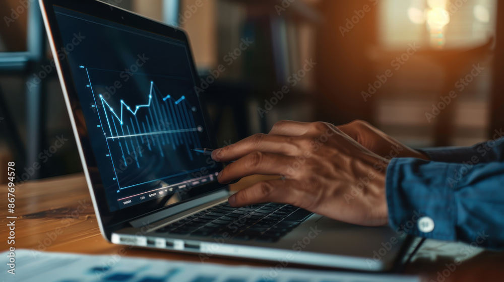 Business professional analyzing financial data on a laptop with charts and graphs on the screen